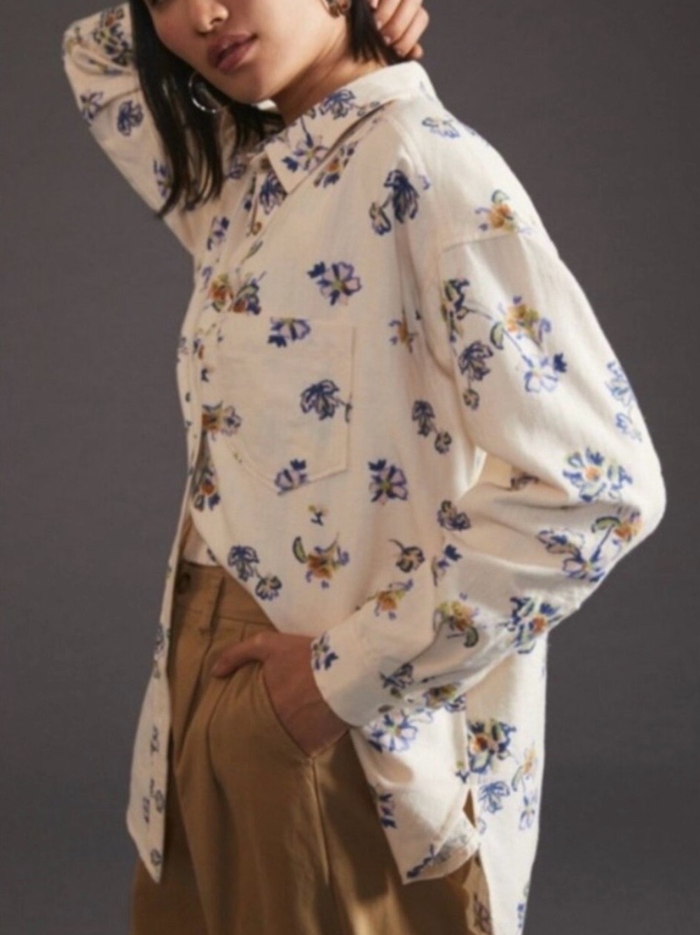Pilcro Cream Button-Up Shirt with Blue & Yellow Floral Print